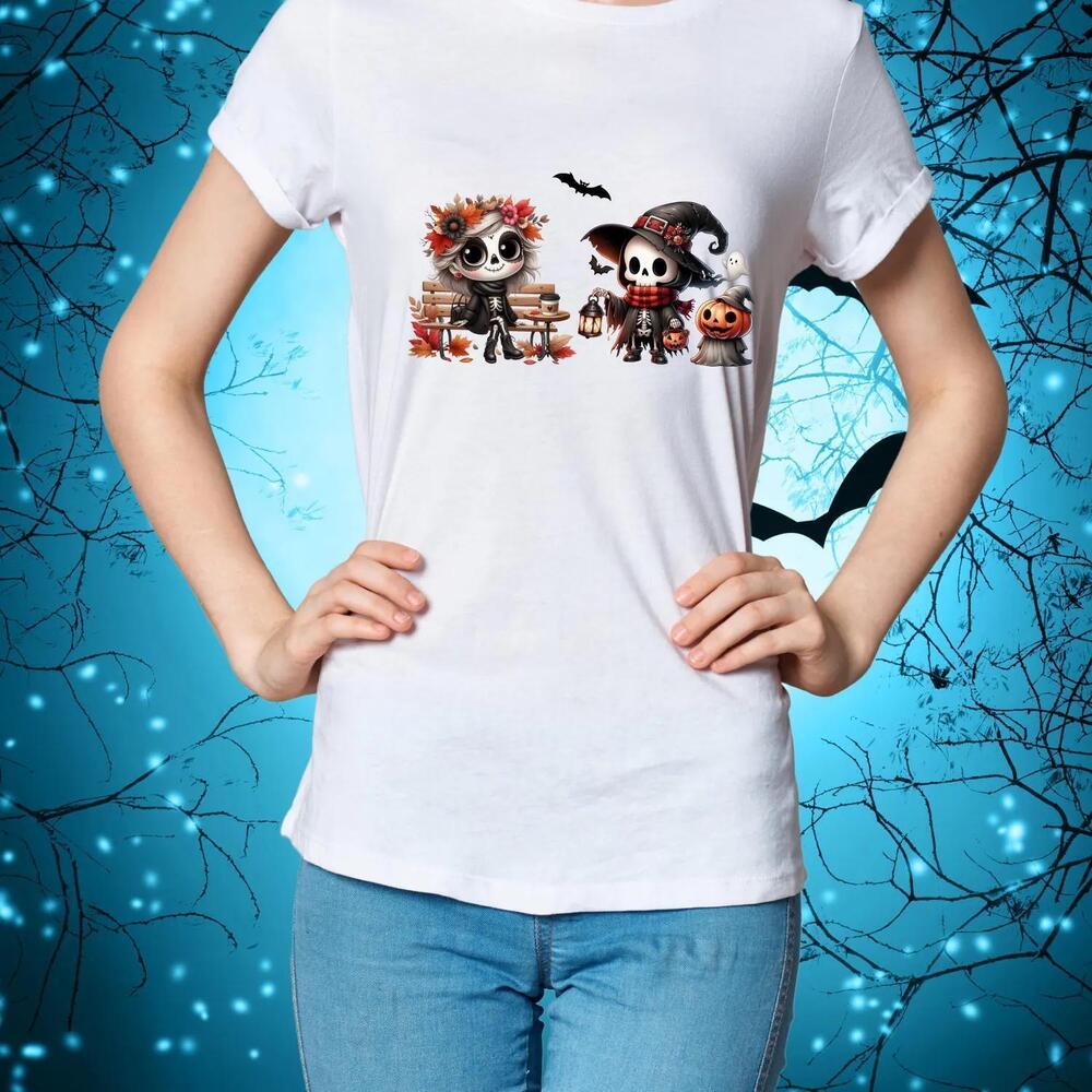 Halloween Skeleton Shirt, Skeleton Girl Boy Witch Hat Tee, Pumpkin